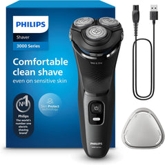 Philips Shaver 3000 front view shows ergonomic design for comfortable dry or wet shaving