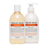 Phillip Adam orange vanilla shampoo bottle showing natural cleansing and shine benefits