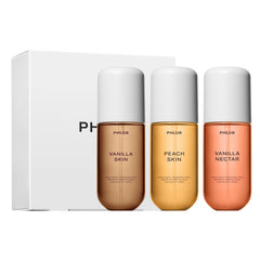PHLUR Vanilla Peach Trio packaging showcases gift-ready set for on-the-go fragrance discovery.