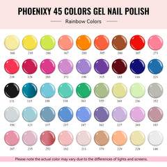 Phoenixy 45 vibrant gel colors palette showcased for versatile shade options.