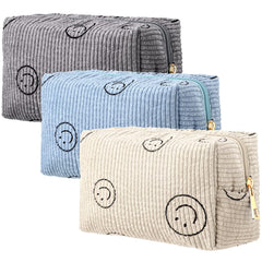Photect corduroy cosmetic bag with smile face pattern, ideal for travel organization.