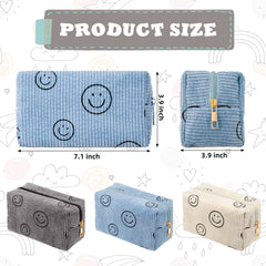 Photect three-piece corduroy pouch set in beige, gray, and blue.