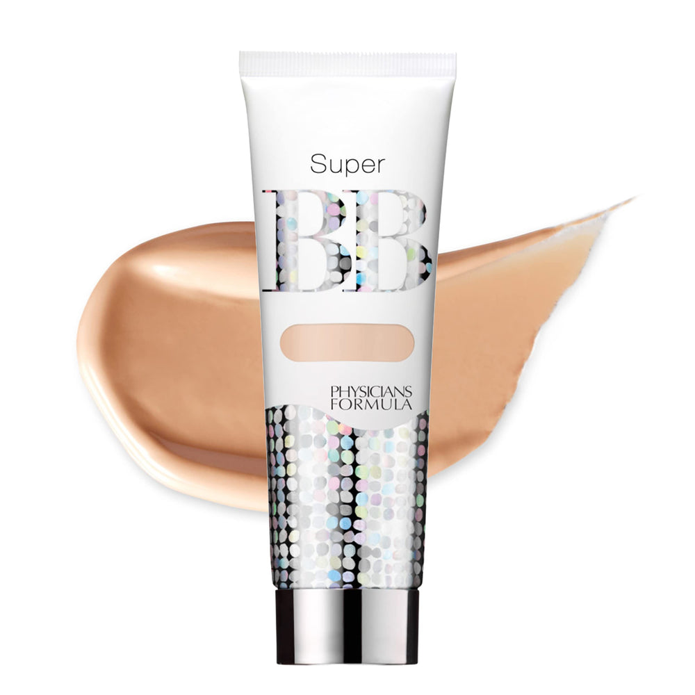 Physicians Formula Super BB Cream bottle close-up, showcasing lightweight, hydrating formula for smooth skin.