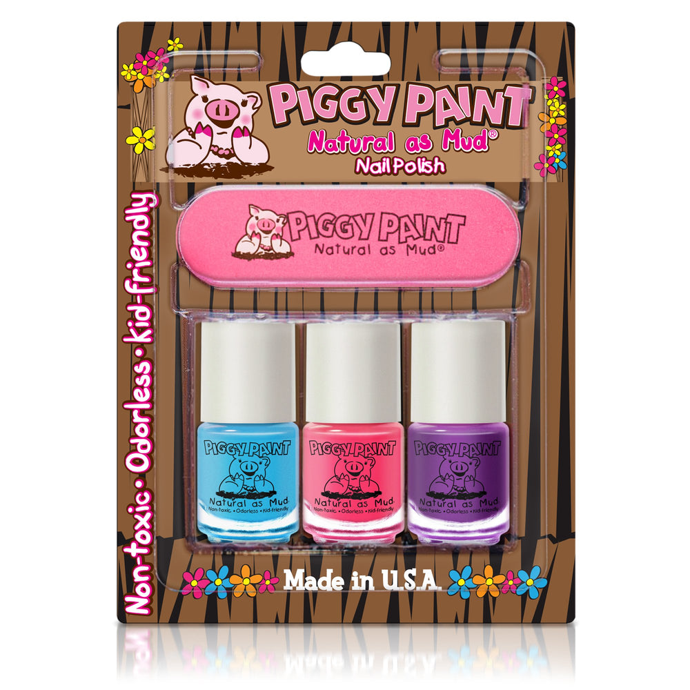 Piggy Paint nail polish and file kit with Sea-quin, Forever Fancy, Girls Rule for kid-friendly manicures