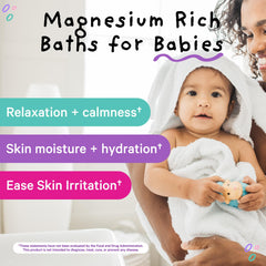 Pink Stork Baby Bath Flakes bottle-side shows simple, ingredient-pure magnesium chloride for babies