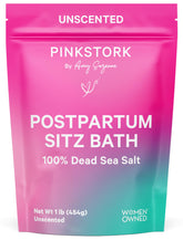 Pink Stork Postpartum Sitz Bath Soak bottle offers soothing perineal relief after labor.