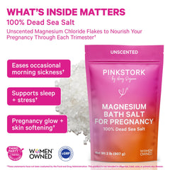 Pink Stork Pregnancy Bath Soak close-up highlights pure Dead Sea minerals for gentle self-care.