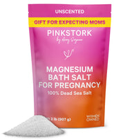Pink Stork Pregnancy Bath Soak bottle demonstrates unscented mineral relief for pregnancy comfort.