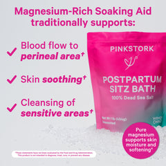 Pink Stork unscented sitz bath salts packaging shows clean ingredients for daily postpartum comfort.