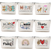 Pinkunn nurse makeup bag collection shows back view and colorful patterns for travel and gifting