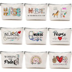 Pinkunn nurse makeup bag collection shows back view and colorful patterns for travel and gifting