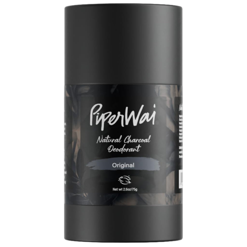 PiperWai deodorant charcoal stick close-up highlighting clean, aluminum-free formula for odor protection.