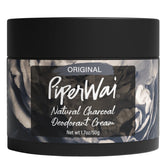 PiperWai deodorant cream jar on sink, providing aluminum-free odor protection all day.