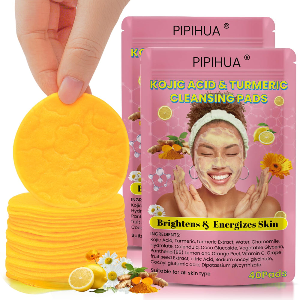 PIPIHUA Turmeric Kojic Acid Pads packaging shows an 80-piece tray for daily cleansing.