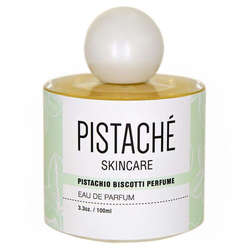 Pistaché Skincare Pistachio Biscotti Perfume bottle close-up showcasing a luxe glass.