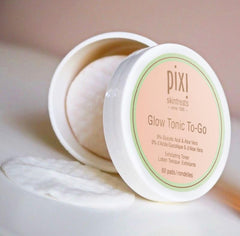 Pixi Glow Tonic to-Go bottle label close-up showing alcohol-free formula.
