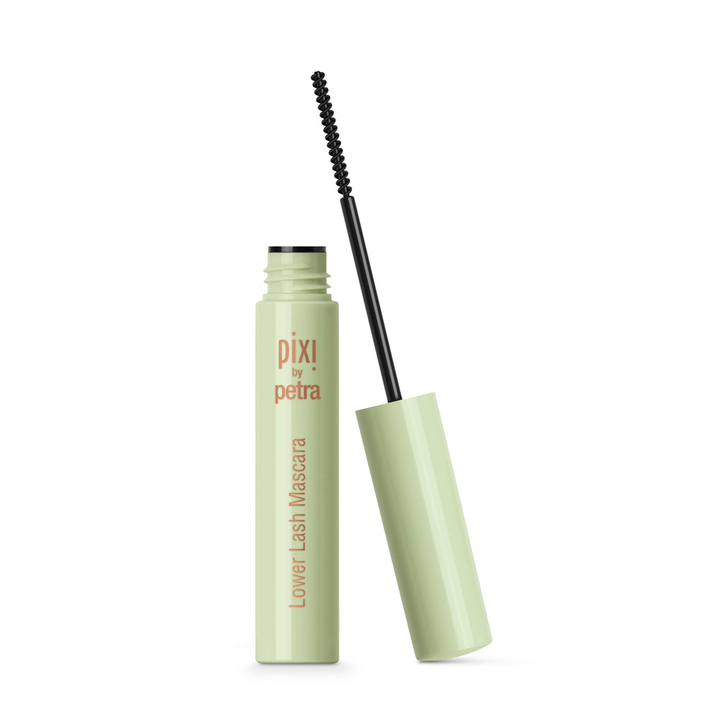 Pixi Lower Lash Mascara slim brush closeup demonstrates precise lower-lash coating for defined eyes.