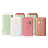 Pixi On-the-Glow Trio blush Fleur swatch offers sheer pink tint for natural radiance.