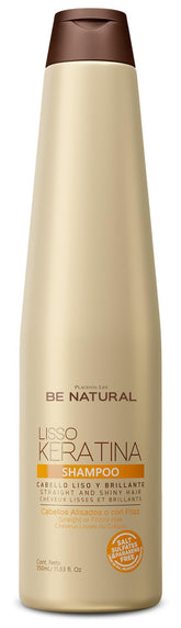 Placenta Life Be Natural Lisso Keratina shampoo bottle promotes smooth, straight hair and shine.