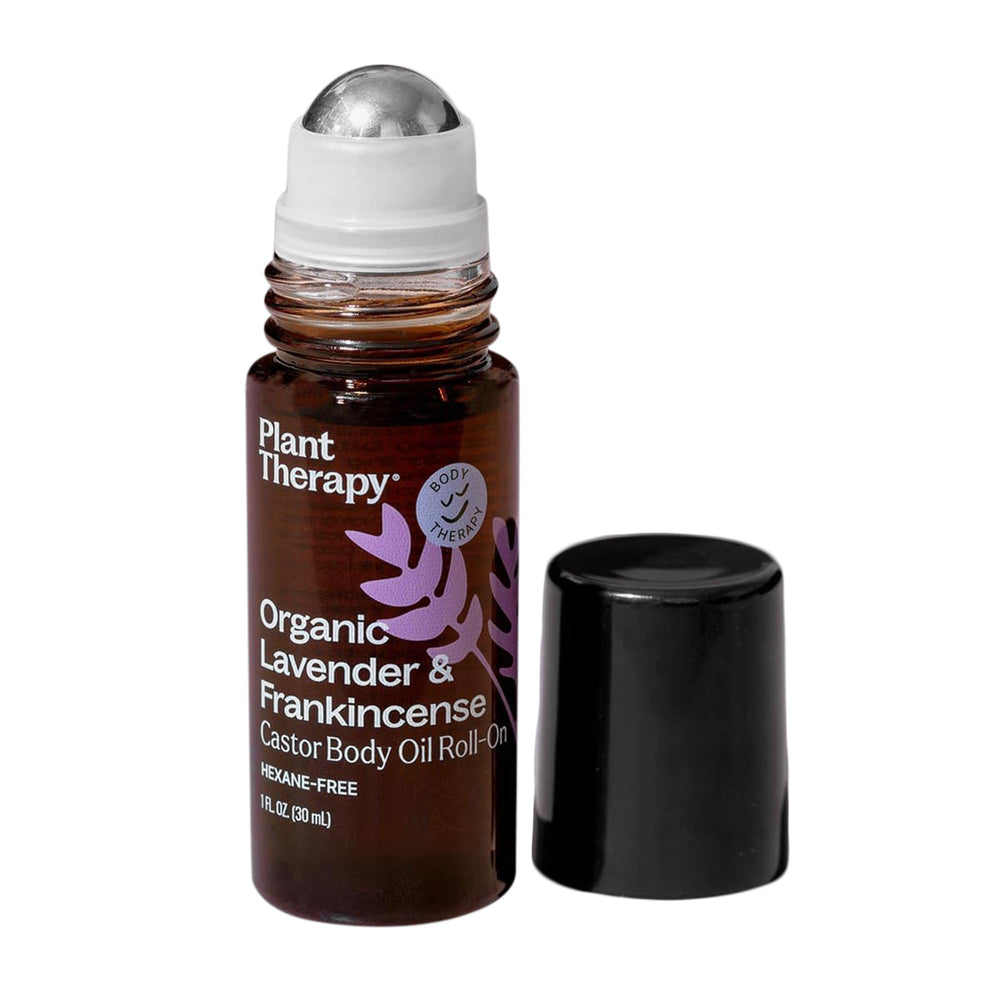 Plant Therapy lavender-frankincense-castor-rollon-bottle for calming skin care and aromatherapy.