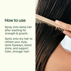 Plant Therapy spray misting action shows easy application for refreshed, volumized hair.