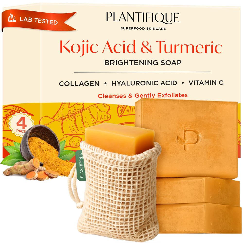 PLANTIFIQUE Kojic Acid Soap bars with mesh bag for easy cleansing and travel-friendly storage.