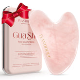 Plantifique Rose Quartz Gua Sha Tool closeup shows premium stone for soothing skincare rituals.