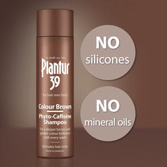 Plantur39 Color Brown shampoo before-after image highlighting volume and color depth.