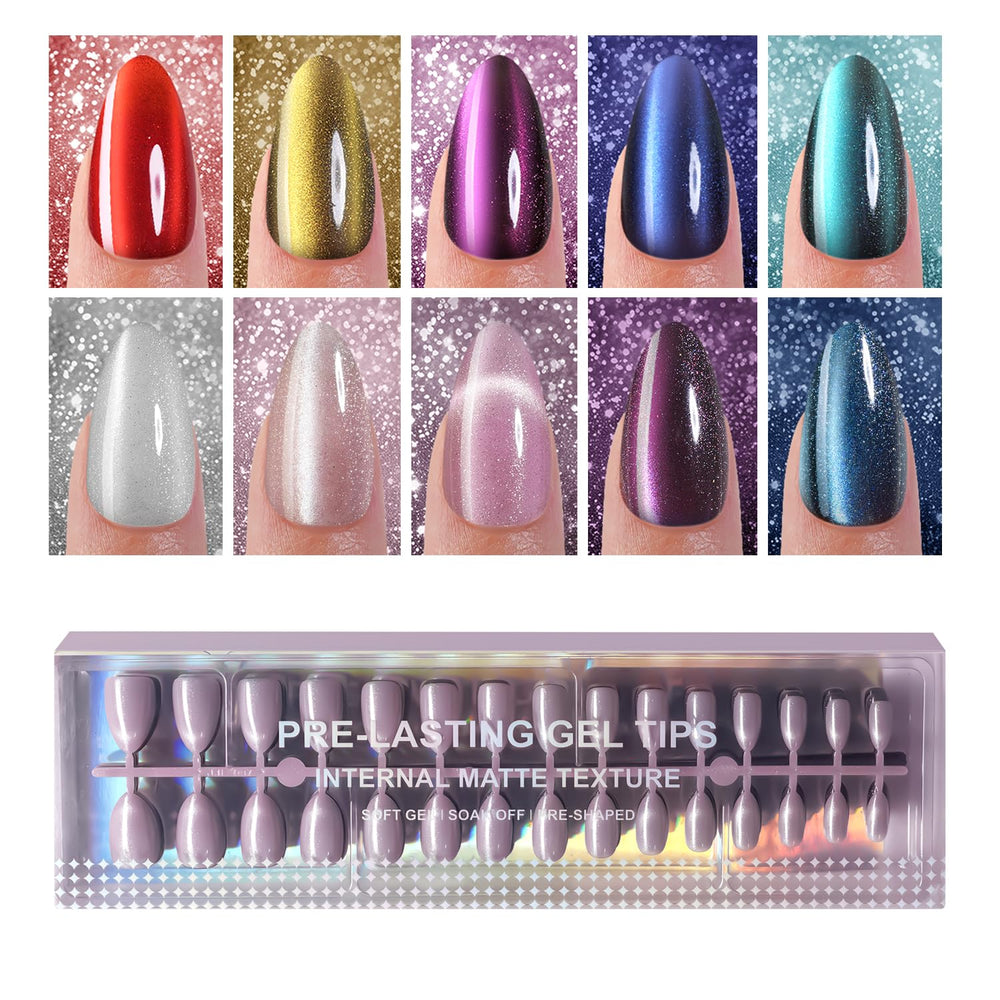 Plauva cat eye press-on nails medium almond closeup shows secure fit for natural nails.