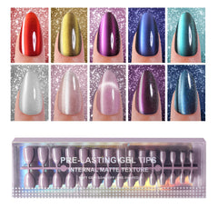 Plauva cat eye press-on nails medium almond closeup shows secure fit for natural nails.