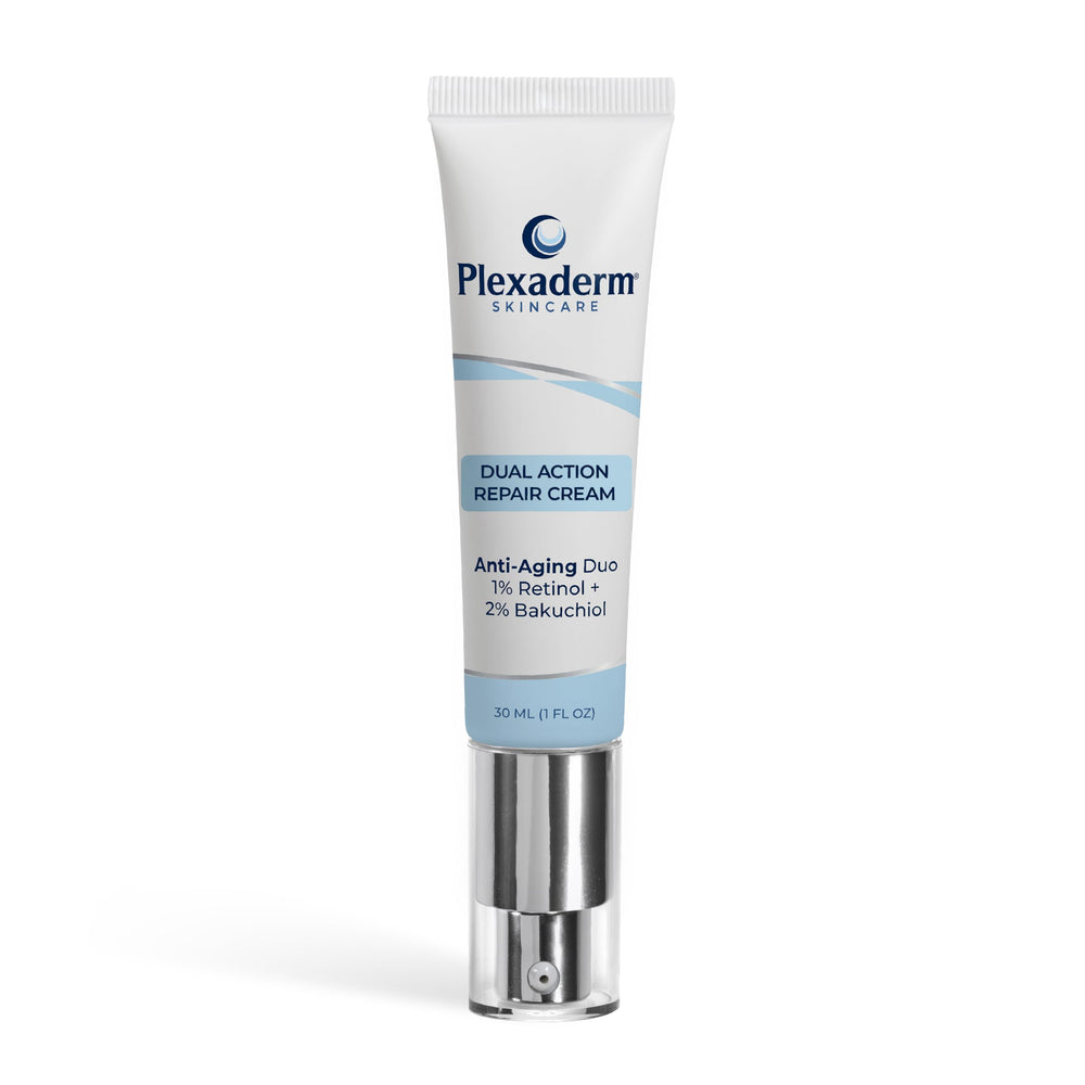 Plexaderm Dual Action Repair Neck Cream bottle promotes smoother neck skin.