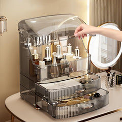 Plukers makeup organizer shows dustproof base protecting surfaces from clutter.