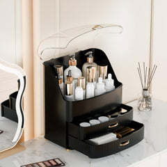 Plukers makeup organizer non-slip base protects vanity surfaces during use.