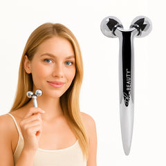 Plum Beauty Contouring Dual-Ended Silver Face Roller close-up for defined cheekbones and lifted jawline.