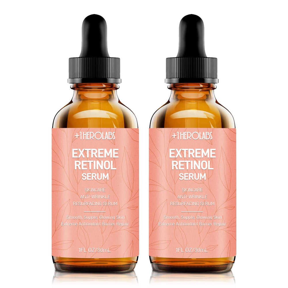 Plus1HEROLABS retinol serum bottle pour showing fast absorption for smoother skin.