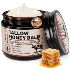 Pnctho Beef Tallow Honey Balm jar close-up shows rich texture for deep moisture.