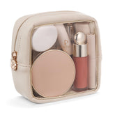 Pocmimut mini makeup bag front view with premium PU leather and beige elegance for travel