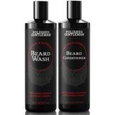 Polished Gentleman beard wash bottle pour demonstrates cleansing action for refreshed beard and skin.