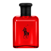 Polo Red bottle closeup emphasizes sleek curves and matte black accents.