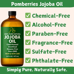 Pomberries Jojoba Oil amber glass bottle highlighting hexane-free formula for skin and hair care