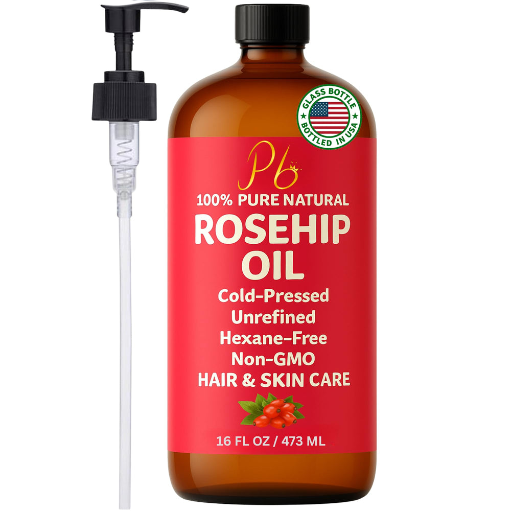 Pomberries Rosehip Seed Oil bottle with pump for mess-free skincare routine