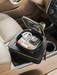 Popvibe mini clear black makeup bag side detail shot shows saffiano leather and hardware.