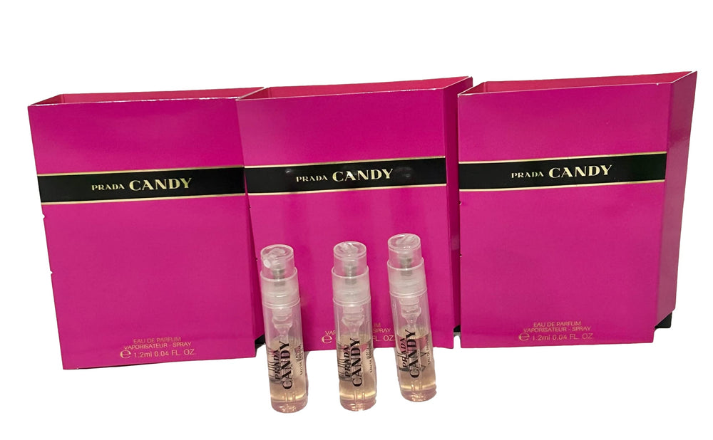 Prada Candy sample bottle close-up, ideal for on-the-go mood-lifting elegance.