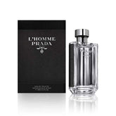 Prada L'Homme bottle front view conveys versatile everyday fragrance.