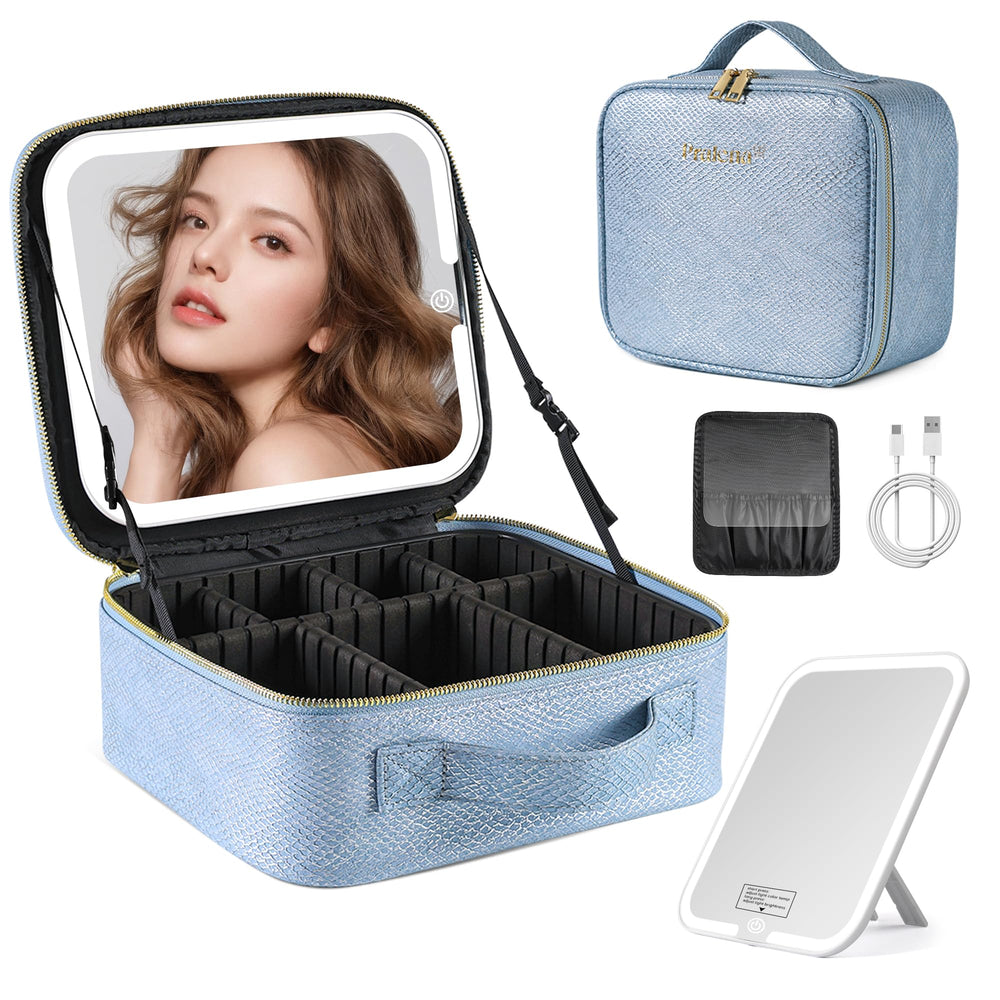 PRALENA Mermaid Shine Blue makeup bag with mirror for on-the-go touch-ups and organized cosmetics.
