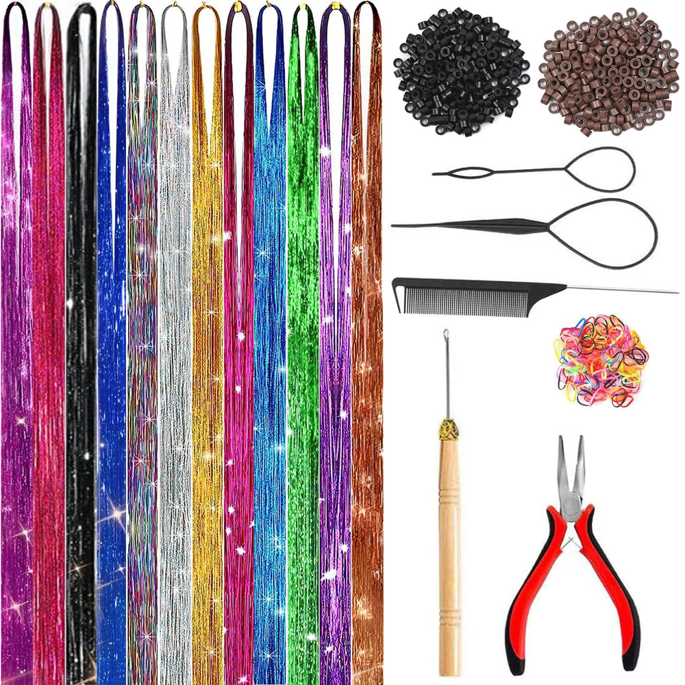 Prehot Hair Tinsel Kit contents with tools and color options.