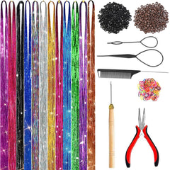 Prehot Hair Tinsel Kit contents with tools and color options.