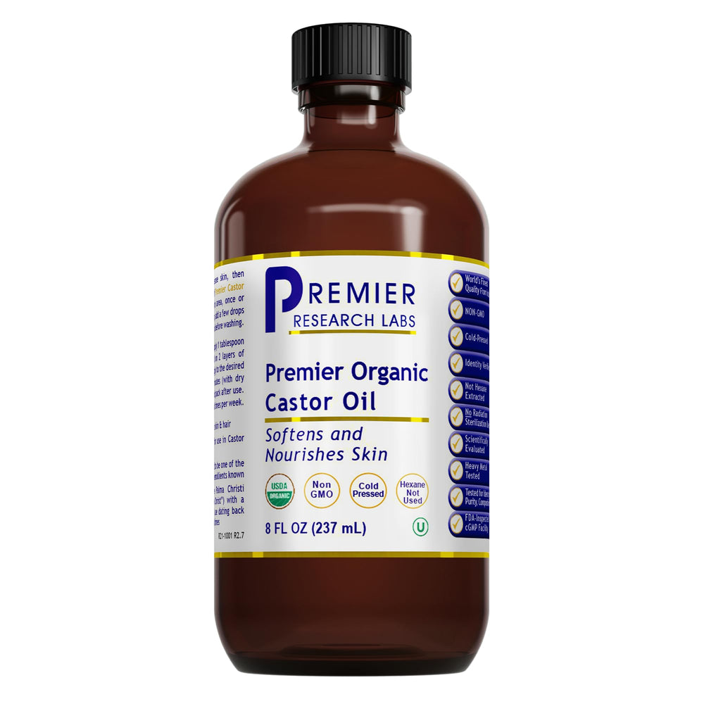 Premier Research Labs castor oil bottle for face nourishes and softens skin