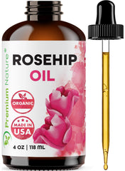 Premium Nature Rosehip Oil face bottle closeup for daily skincare nourishment