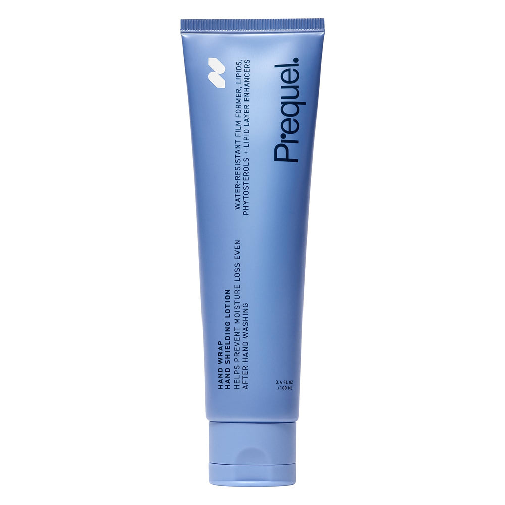 Prequel Skin Hand Wrap cream tube closeup showing non-greasy, deeply hydrating formula.